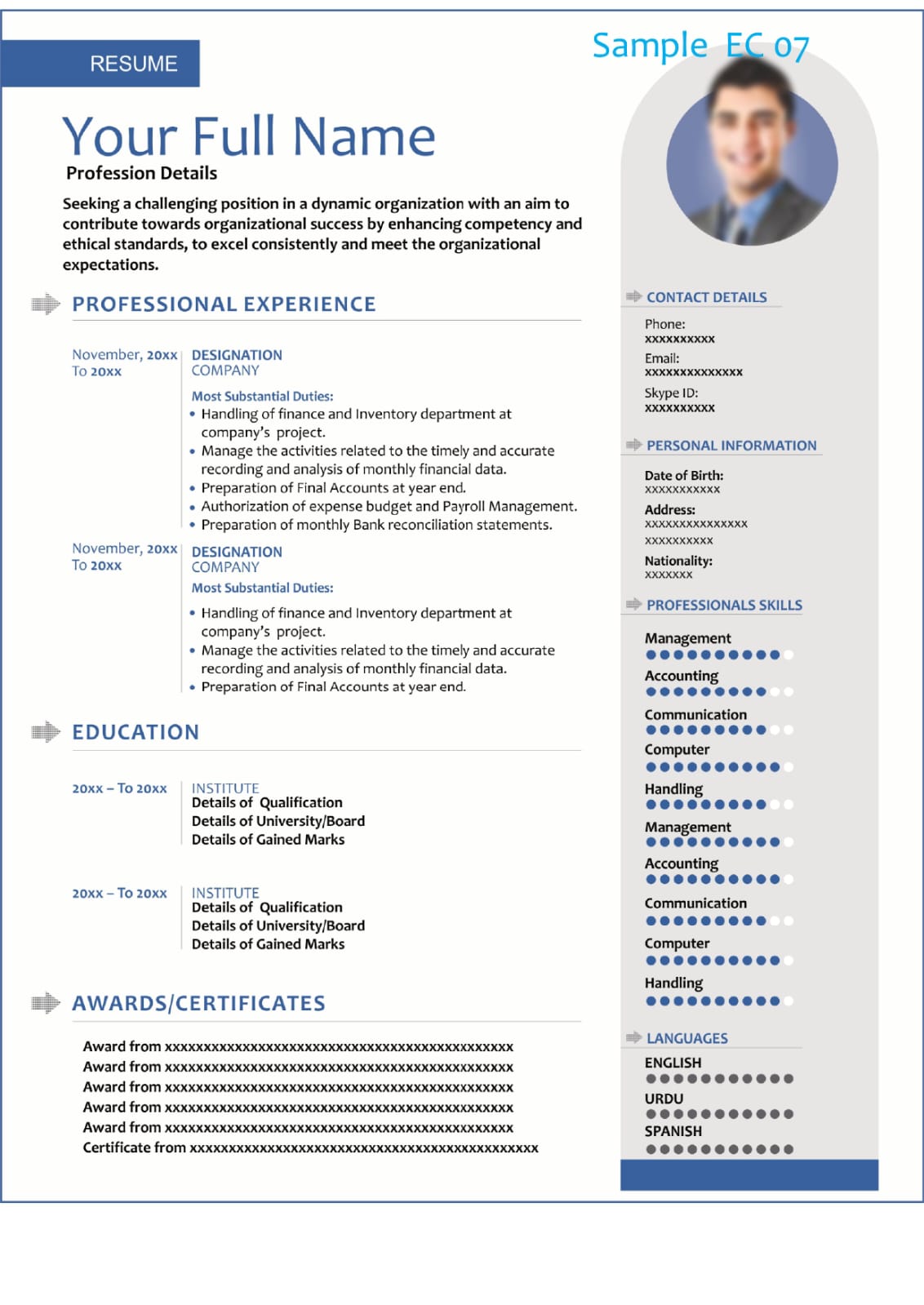 Modern Professional Resume Template Price Starting From PKR-1500