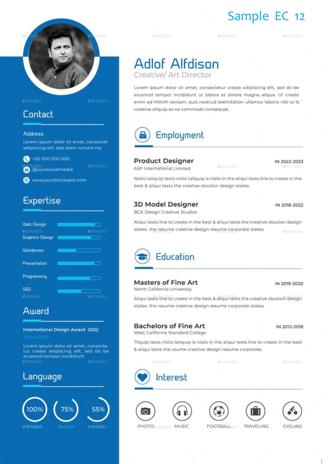 Modern Blue Professional CV Template Modern blue professional CV template for designers and art directors with sections for experience, education, and skills.